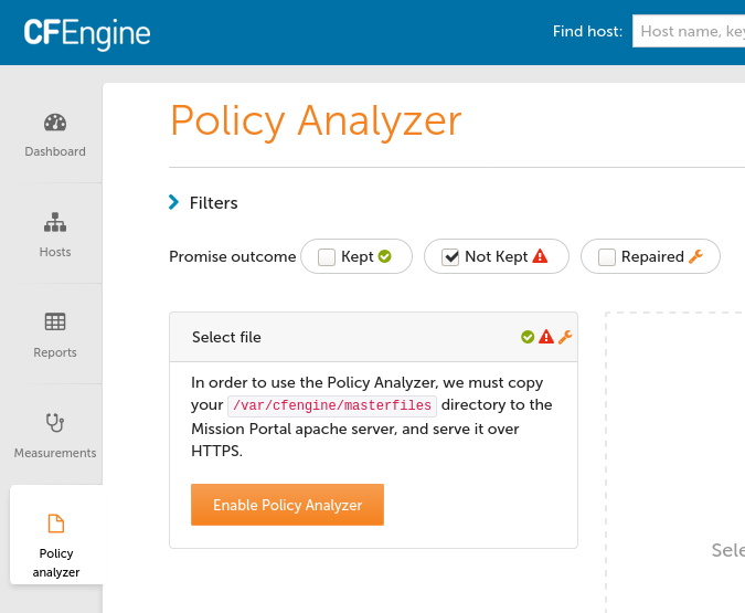 Mission Portal UI with Policy Analyzer Tab selected and Enable button present