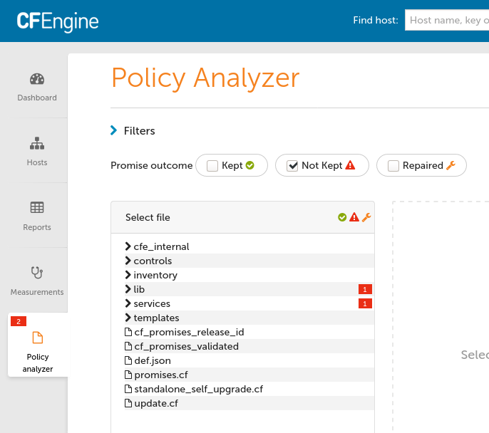 Policy Analyzer UI shows 2 not kept promises inside tree view, 1 in lib and 1 in services.