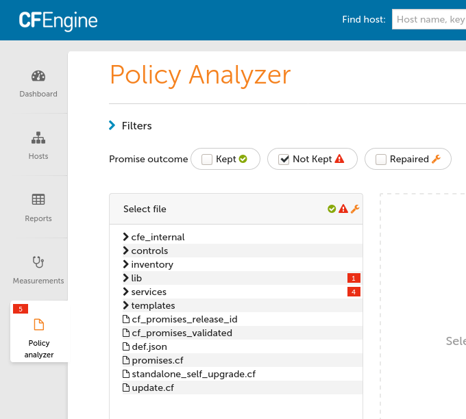 Policy Analyzer UI shows 5 not kept promises inside tree view.