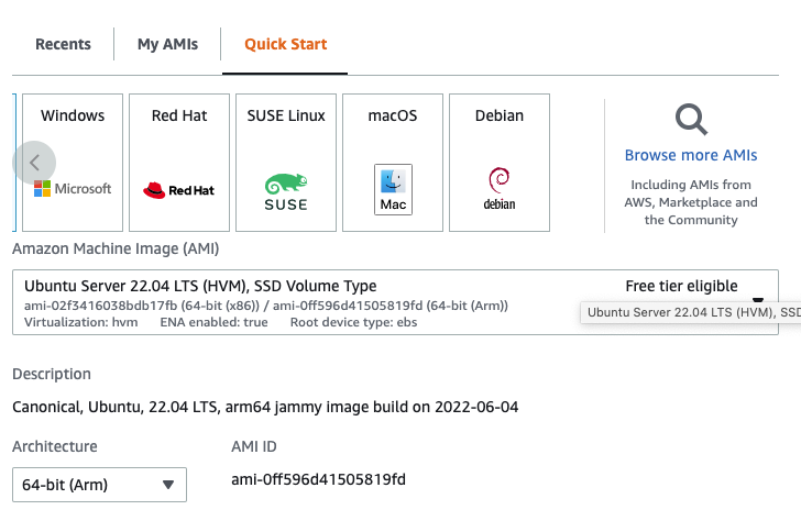 part of AWS web UI to start instances of 64-bit arm ubuntu and debian machines
