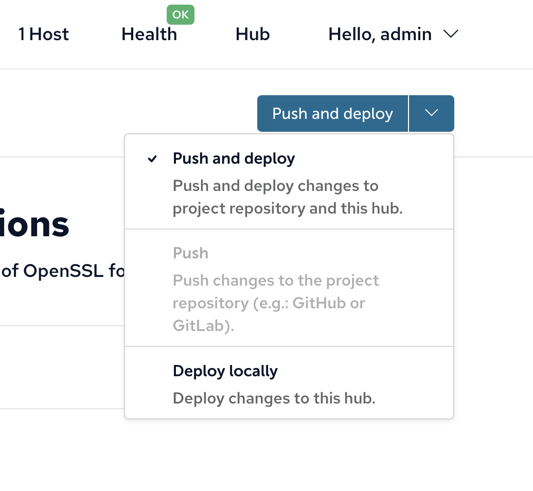 Button with dropdown of 3 options, Push & Deploy, Push, Deploy locally