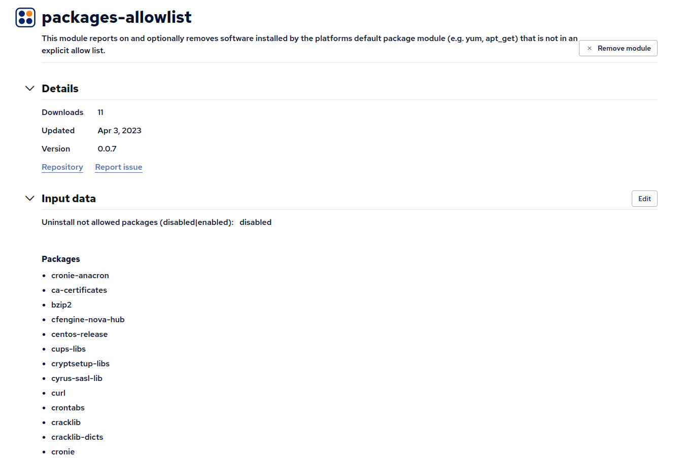 packages-allowlist module with input data configuring allowed list of packages