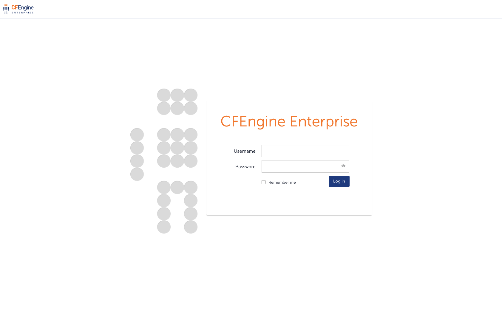 Screenshot of the Mission Portal login screen. Header says CFEngine Enterprise, there are fields for username and password, a Remember me checkbox, and a Log in button.